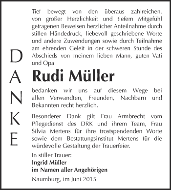Traueranzeige von Rudi Müller von WVG - Wochenspiegel NMB / WSF / ZTZ