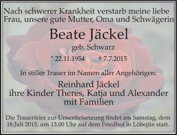 Traueranzeige von Beate Jäckel von Mitteldeutsche Zeitung Halle/Saalkreis
