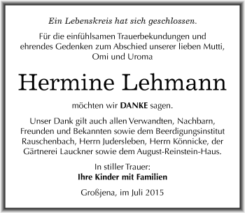 Traueranzeige von Hermine Lehmann von Mitteldeutsche Zeitung Naumburg/Nebra
