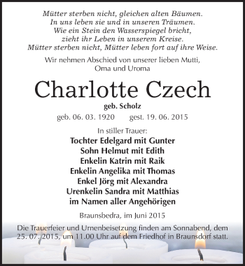 Traueranzeige von Charlotte Czech von Mitteldeutsche Zeitung Merseburg/Querfurt