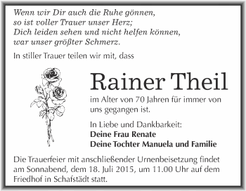 Traueranzeige von Rainer Theil von Super Sonntag Merseburg