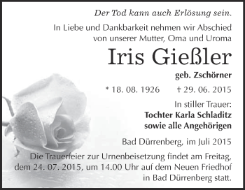 Traueranzeige von Iris Gießler von Super Sonntag Merseburg