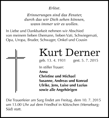 Traueranzeige von Kurt Derner von Mitteldeutsche Zeitung Merseburg/Querfurt