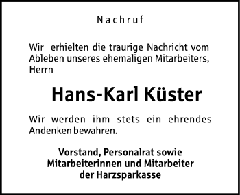 Traueranzeige von Hans-Karl Küster von Mitteldeutsche Zeitung Quedlinburg
