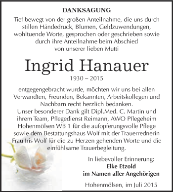 Traueranzeige von Ingrid Hanauer von WVG - Wochenspiegel NMB / WSF / ZTZ