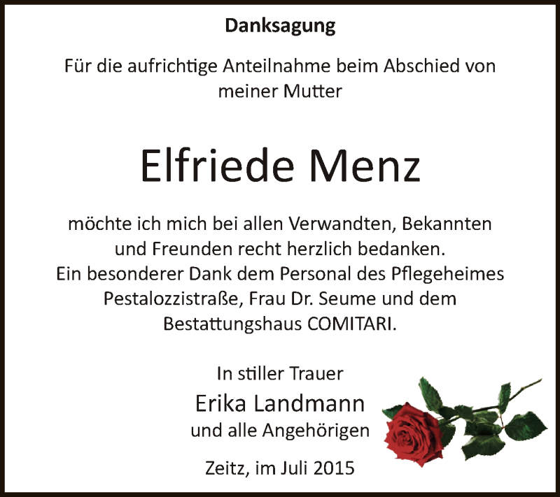 Traueranzeige für Elfriede Menz vom 11.07.2015 aus Super Sonntag Zeitz