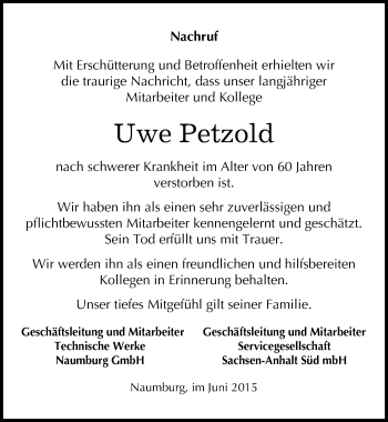 Traueranzeige von Uwe Petzold von Mitteldeutsche Zeitung Naumburg/Nebra