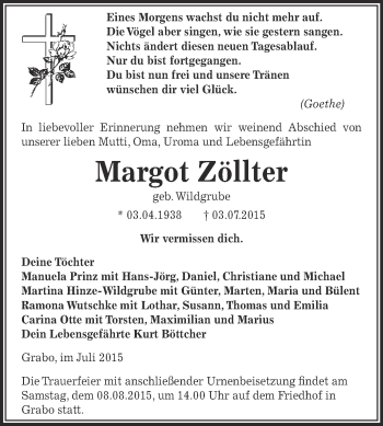 Traueranzeige von Margot Zöllter von Super Sonntag Wittenberg