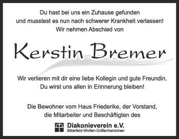 Traueranzeige von Kerstin Bremer von WVG - Wochenspiegel Bitterfeld