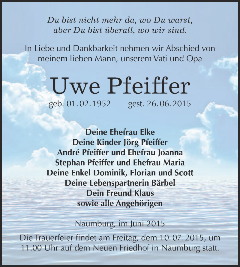  Traueranzeige für Uwe Pfeiffer vom 08.07.2015 aus WVG - Wochenspiegel NMB / WSF / ZTZ