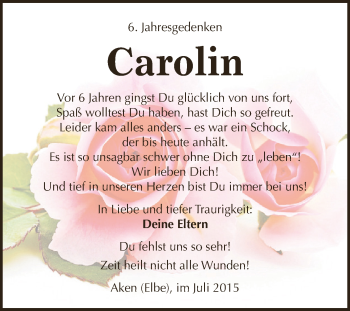 Traueranzeige von Carolin  von WVG - Wochenspiegel Dessau / Köthen