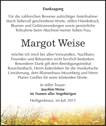 Traueranzeige von Margot Weise von Mitteldeutsche Zeitung Naumburg/Nebra
