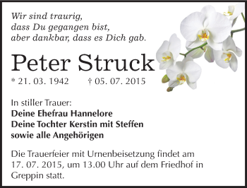Traueranzeige von Peter Struck von Mitteldeutsche Zeitung Bitterfeld