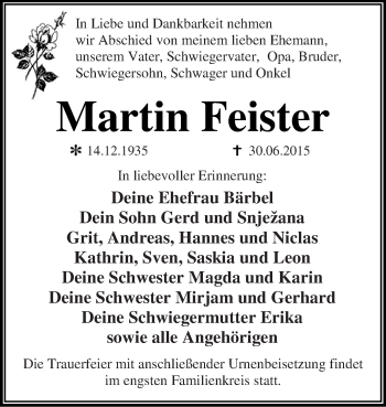Traueranzeige von Martin Feister von WVG - Wochenspiegel Dessau / Köthen