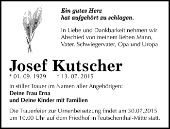 Traueranzeige von Josef Kutscher von Mitteldeutsche Zeitung Halle/Saalkreis