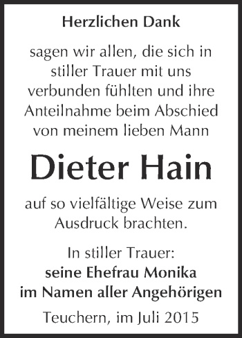 Traueranzeige von Dieter Hain von WVG - Wochenspiegel NMB / WSF / ZTZ