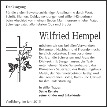 Traueranzeige von Wilfried Hempel von WVG - Wochenspiegel Quedlinburg