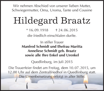 Traueranzeige von Hildegard Braatz von Mitteldeutsche Zeitung Quedlinburg