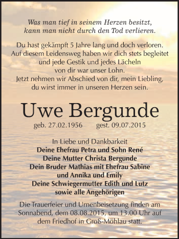 Traueranzeige von Uwe Bergunde von WVG - Wochenspiegel Wittenberg