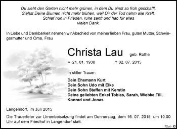 Traueranzeige von Christa Lau von WVG - Wochenspiegel NMB / WSF / ZTZ