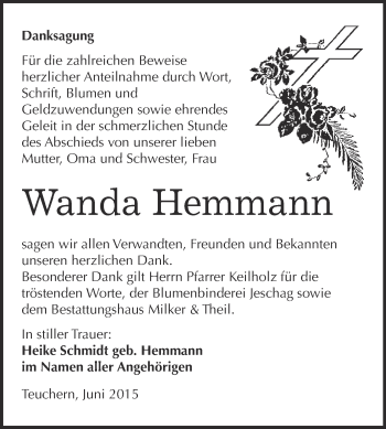 Traueranzeige von Wanda Hemmann von WVG - Wochenspiegel NMB / WSF / ZTZ