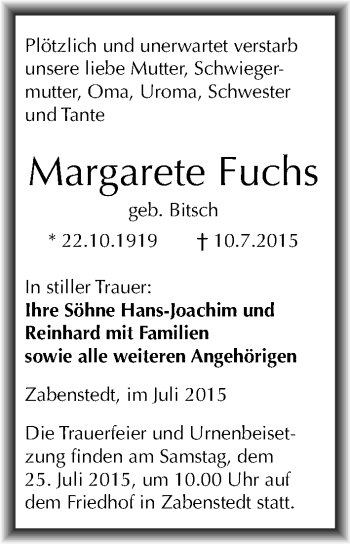 Traueranzeige von Margarete Fuchs von Mitteldeutsche Zeitung Mansfelder Land