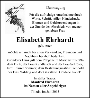 Traueranzeige von Elisabeth Ehrhardt von Mitteldeutsche Zeitung Sangerhausen