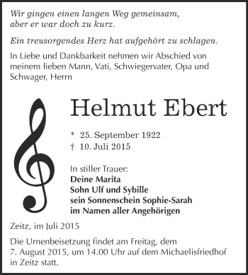 Traueranzeige von Helmut Ebert von Super Sonntag Zeitz