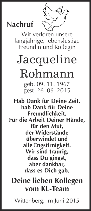 Traueranzeige von Jaqueline Rohmann von WVG - Wochenspiegel Wittenberg