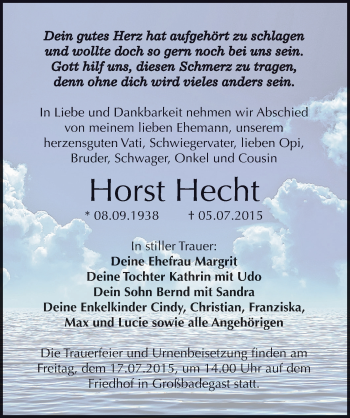 Traueranzeige von Horst Hecht von Mitteldeutsche Zeitung Köthen