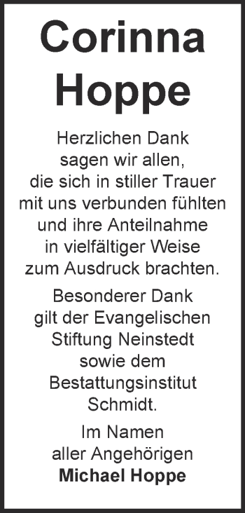 Traueranzeige von Corinna Hoppe von Super Sonntag Quedlinburg