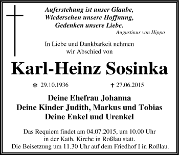 Traueranzeige von Karl-Heinz Sosinka von Mitteldeutsche Zeitung Dessau-Roßlau
