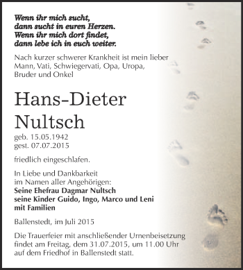 Traueranzeige von Hans-Dieter Nultsch von WVG - Wochenspiegel Quedlinburg