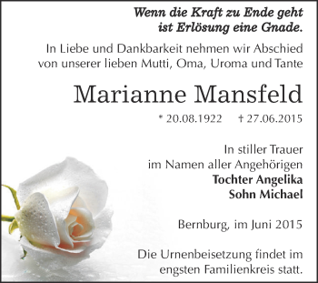 Traueranzeige von Marianne Mansfeld von Super Sonntag Bernburg
