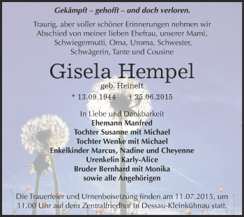 Traueranzeige von Gisela Hempel von WVG - Wochenspiegel Dessau / Köthen