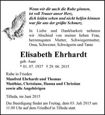 Traueranzeige von Elisabeth Ehrhardt von Mitteldeutsche Zeitung Sangerhausen