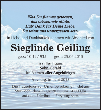 Traueranzeige von Sieglinde Geiling von Mitteldeutsche Zeitung Naumburg/Nebra