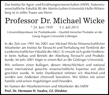 Traueranzeige von Michael Wicke von Mitteldeutsche Zeitung Halle/Saalkreis