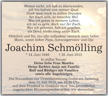 Traueranzeige von Joachim Schmölling von Super Sonntag Merseburg