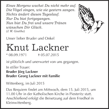 Traueranzeige von Knut Lackner von WVG - Wochenspiegel Wittenberg