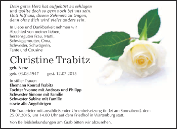 Traueranzeige von Christine Trabitz von WVG - Wochenspiegel Wittenberg