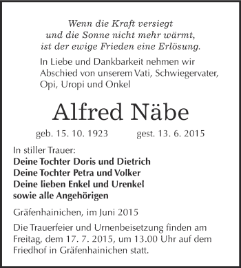 Traueranzeige von Alfred Näbe von WVG - Wochenspiegel Wittenberg
