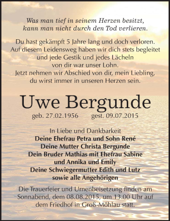 Traueranzeige von Uwe Bergunde von Mitteldeutsche Zeitung Wittenberg