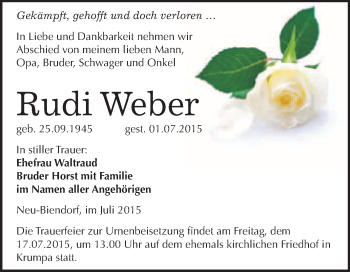 Traueranzeige von Rudi Weber von WVG - Wochenspiegel Merseburg
