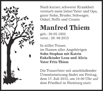 Traueranzeige von Manfred Thiem von Super Sonntag Bernburg