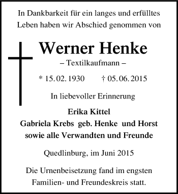 Traueranzeige von Werner Henke von Mitteldeutsche Zeitung Quedlinburg