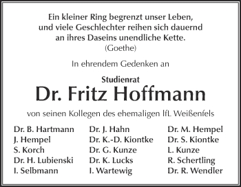 Traueranzeige von Fritz Hoffmann von WVG - Wochenspiegel NMB / WSF / ZTZ