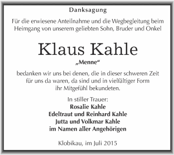 Traueranzeige von Klaus Kahle von WVG - Wochenspiegel Merseburg