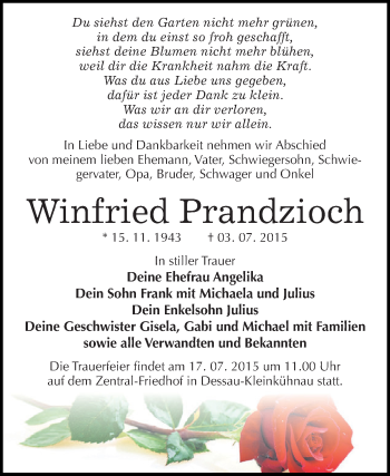Traueranzeige von Winfried Prandzioch von WVG - Wochenspiegel Dessau / Köthen