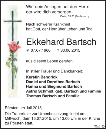 Traueranzeige von Ekkehard Bartsch von WVG - Wochenspiegel NMB / WSF / ZTZ